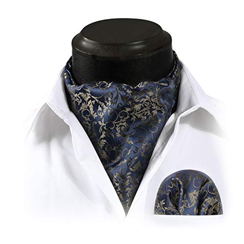 HISDERN Men's Cravats Navy Blue Floral Ascot Ties for Men and Pocket Square Set Woven Classic Ascot Scarf for Men Handkerchief Wedding Party - Thumbnail 2