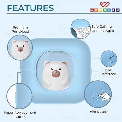 Image of Wembley Mini Bear Themed Thermal Printer| Portable, Wireless & Rechargeable| Safe & Ink-Free Color Printer for Kids Age 5+| Print Anytime, Anywhere (Blue)