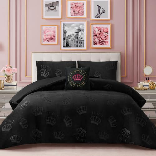 Image of Juicy Couture Plush Reversible Embossed Crown 3-Piece Twin /Twin XL Comforter Set with Decorative Pillow, Black
