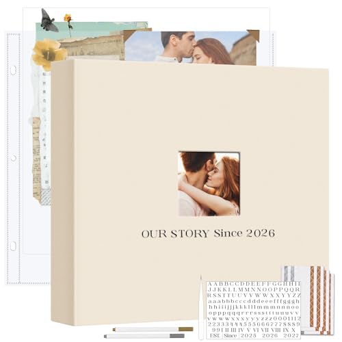 Vienrose Linen Scrapbook Photo Album Kit, Large 3 Ring Binder Scrapbook with 30 Plastic Sleeves, 15x13 Inch DIY Memory Book for Wedding, Anniversary, Family & Kids Keepsake Gift, Beige