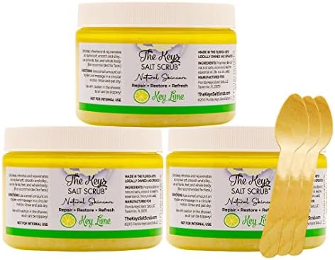 The Keys Salt Scrub Premium Exfoliating Sea Salt Body Skin Scrubs - Made with Pure Florida Sea Salt and Organic Coconut Oil + Wooden Spoon (Key Lime, Bulk 3 Pack 12 oz)