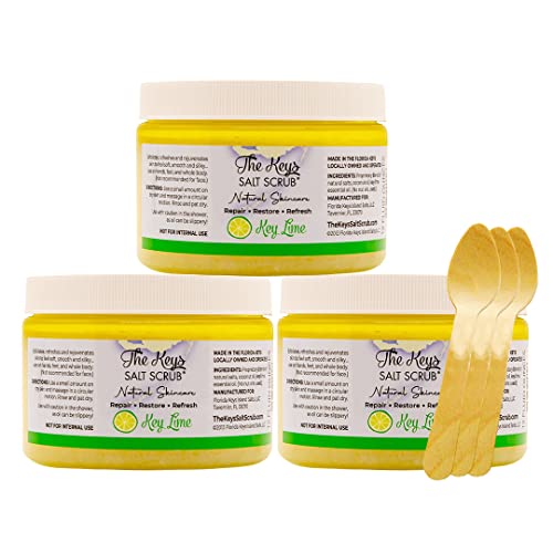 The Keys Salt Scrub -Sea Salt Scrub - Exfoliating Body Scrub with Wooden Spoon - Moisturizing Exfoliator for Hands, Foot, Bath, (12 Ounce (Pack of 3), Key Lime)