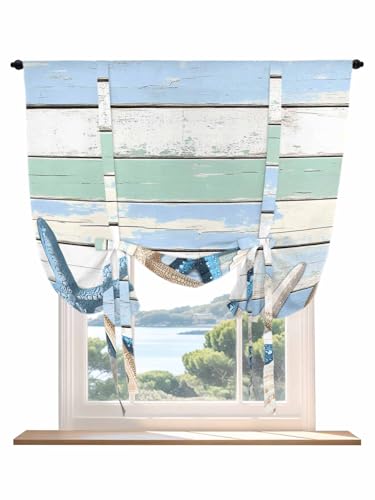 Tie Up Curtains for Windows Vintage Coastal Roman Shade 52 x 63 Inch Bathroom Curtains Window Summer Starfish Farmhouse Wooden Grain Rod Pocket Short Balloon Curtain for Living Room Kitchen Blinds