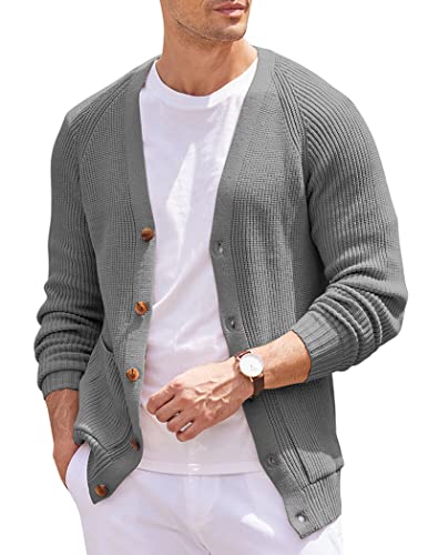 Coofandy Men's Cardigan Sweaters Casual Cable Knitted Sweater Button Down Cardigan Dark Grey #TOP21