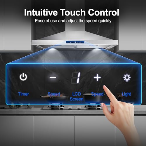 Tieasy Range Hood 30 inch Wall Mount, Kitchen Vent Hood 450 CFM in Stainless Steel, Stove Vent Hood with Ducted Convertible Ductless, Touch Switch, LEDs Light, 3-Speed Fan, Aluminum Filters