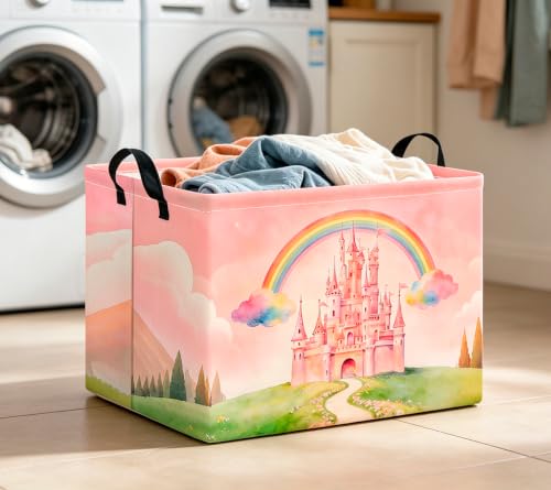 Image of CLOCOR Rectangular Storage Basket Empty,Gift Basket,Waterproof Storage Bin with Handles,Room Decor(Pink Castle)