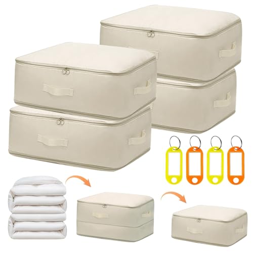 Shackcom Lot de 4 Sacs de Rangement Auto-compressible Sac de Compression 54x42x50cm Housse Organiseur Lavables Gain de Place avec 4 Etiquettes Pour Couettes Oreillers Vêtements Literie - XL Beige