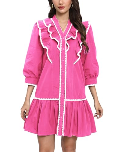 YEXPINE Women's Ruffle Mini Dress Short Sleeve Button Down Cute B...