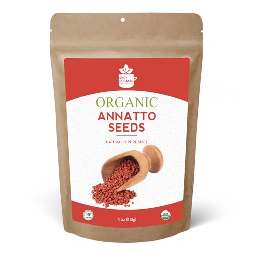 SPICY ORGANIC Annatto Seeds Whole 4 Oz. – USDA Certified Organic - All-Natural Achiote Seeds Spice and Seasoning for Rice, Cheese, Sauces, Achiote Paste, Recado Rojo, Meats, Poultry and Fish
