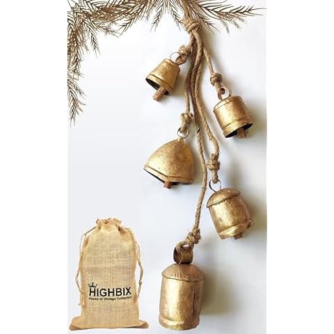 HIGHBIX Set of 5 Rustic Harmony Metal Jingle Bells Cluster Vintage Handmade Lucky Christmas Hanging Mix Décor Bells On Rope (Big) Cover