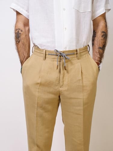 Men's Cotton Linen Pants Summer Drawstring Elastic Waist Vintage Lounge Trouser Lightweight Straight Legs3