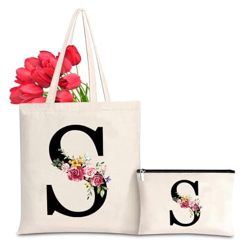 Letras Personalizadas Tote, Bolso Tote de Mujer con Inicial y Flores Bolsa de Compras con Bolsillo Interior, Alfabeto Bolso de Cosméticos Regalos para Damas Amigas Mamá Regalo de Cumpleaños Boda (S)