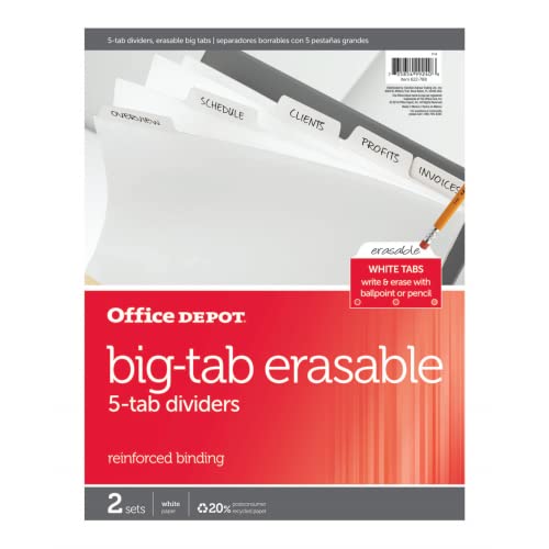 Office Depot Erasable Big Tab Dividers, 5-Tab, White, Pack Of 2 Sets, 3585478681 #TOP1