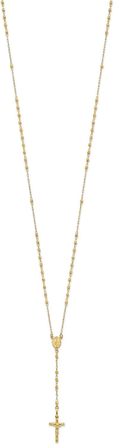 Jewelry Affairs 14K Yellow Gold Rosary Necklace, Faceted Beads Chain, Cross and Medallion, 24 Inch