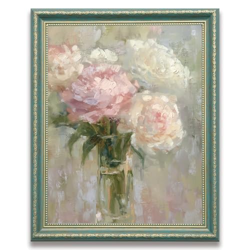 Green Frame Soft Blush Peony Canvas Wall Art – Impressionist