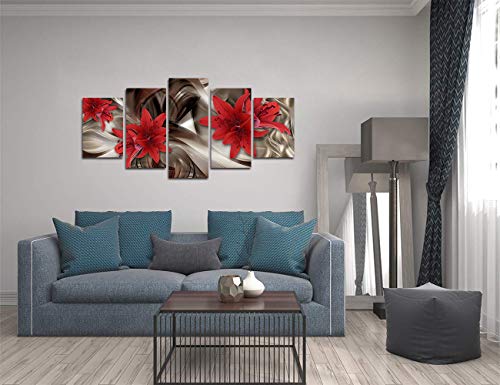 Yj_Art Framed Red Lily Flower Wall Decor Pictures Canvas Wall Art Prints For Bedroom Decorations Modern Abstract 5 Panel Floral Ready To Hang (C,Overall Size: 40''W X 20''H) #TOP4