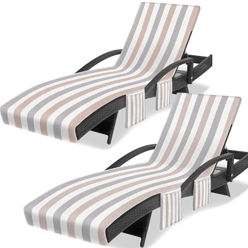 Lounge Chair Towel Cover, Chaise Lounge Covers (Pack of 2), Striped Lounge Chair Towels with Fitted Top Pocket for Pool, Beach,Vacation Travel, 85 x 30 in, Striped Purple Gray
