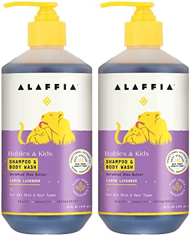 Alaffia Babies and Kids Shampoo and Body Wash, Gentle and Calming Support for Soft Hair and Skin with Shea Butter, Neem, and Coconut Oil, Fair Trade, Lemon Lavender, 2 Pack – 16 Fl Oz Ea