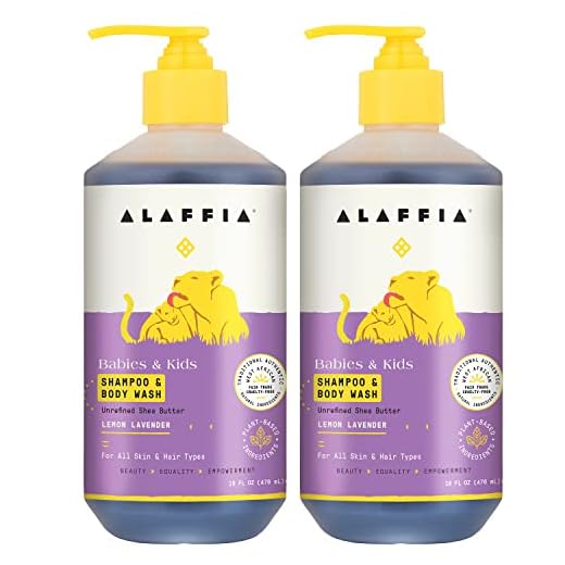 Alaffia Babies and Kids Shampoo and Body Wash, Gentle and Calming Support for Soft Hair and Skin with Shea Butter, Neem, and Coconut Oil, Fair Trade, Lemon Lavender, 2 Pack – 16 Fl Oz Ea