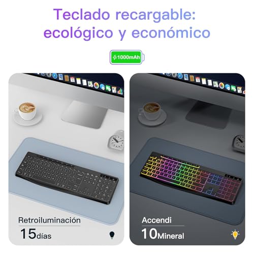 Miniatura 4 de Tecurs Teclado Gaming Inalámbrico- Teclado Qwerty Silencioso, Ergonómico, Impermeable, 2.4ghz Led Teclado Retroiluminado, Anti-Ghosting, Full-Size Teclado Avec Multimédia Para Pc Ordenador Mac Windows