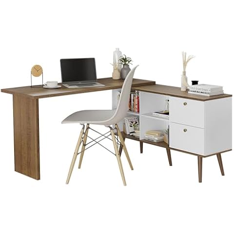 Madesa Modern L Shaped Desk 59 Inch with 2 Drawers and 4 Storage Shelves Home Office Corner Study Table Unit for Kids and Adults - White/Brown Cover