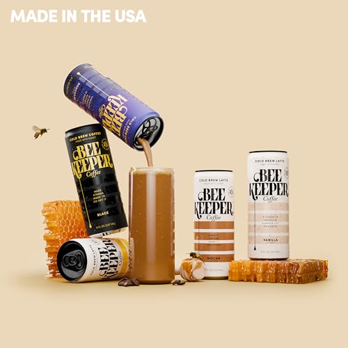 Image of Beekeeper Vanilla Latte Cold Brew Coffee Drinks with Oregon Honey | 12 Pack Refreshing Iced Coffee - Unsweetened & Strong Arabica Brew, 8 fl oz Ready-to-Drink Can - 180mg Natural Caffeine