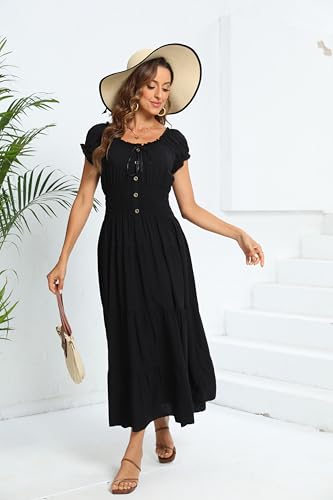 Image of OSTOO Women's Floral Maxi Dress Boho Summer Short Sleeve Smocked Waist Tiered Long Dress