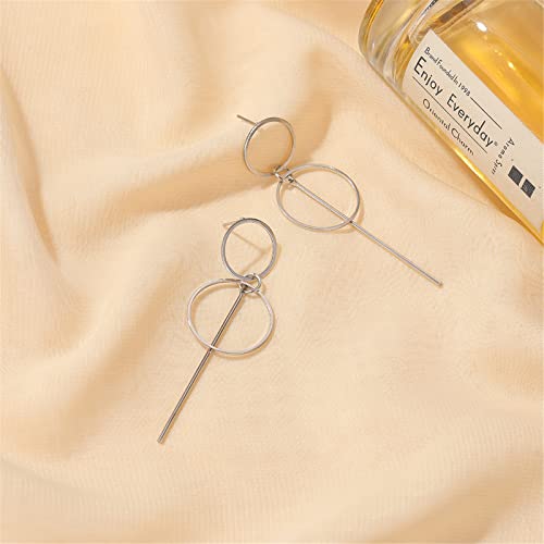 Maloyanve Geometric Double Circle Hoop Earrings For Women Girls Minimalist Gold Silver Plated Round Long Vertical Bar Dangle Drop Statement Earrings Jewelry (Silver) #TOP3