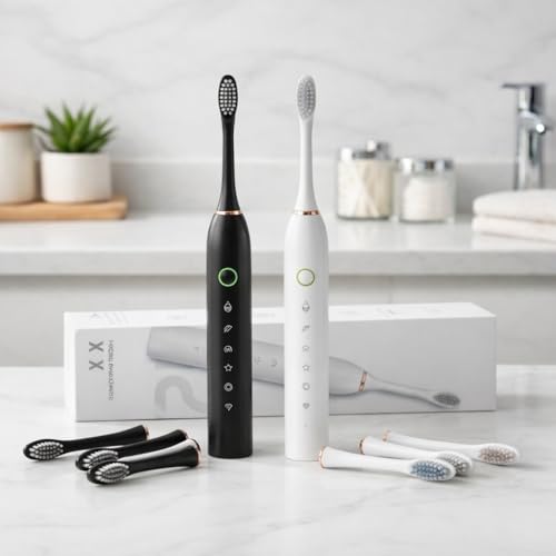 Escova de Dente Elétrica Sônica Recarregável USB, Limpeza Profunda, 5 Modos, Timer Automático, IPX7, Uso Adulto e Infantil (Branco/Preto)