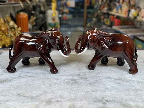 Image of Handcrafted Elephant Showpiece, Set of 2, Dark Mahogany Brown Finish, Traditional Home Decor