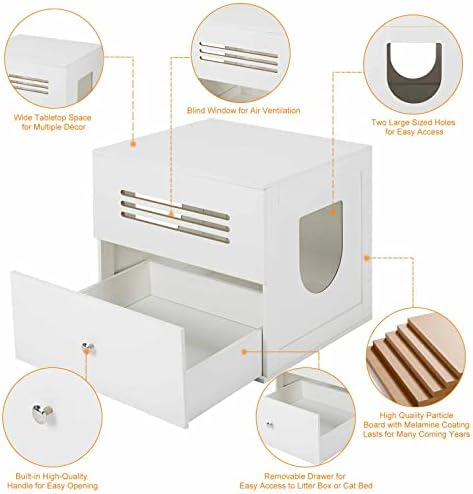 Hironpal Cat Litter Box Enclosure, Wooden White Cat House with Curved Edges Holes for Small Kitty Use Nightstand For Living Room, Bedroom, Hallway (White Litter Box Enclosure)