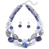 Errally Chunky Beaded Necklaces for Women Double Strand Resin Bead Collar Necklace and Earring Set Statement Jewelry Set Mothers Day Gifts(Blue Grey)