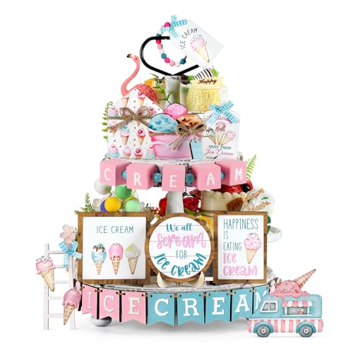 Anglechic 26 Pcs Ice Cream Tiered Tray Decorations Wooden Pink Ice Cream