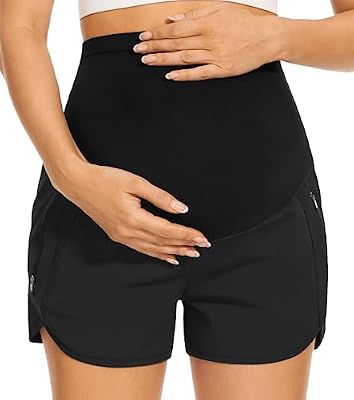 PACBREEZ Women's Maternity Athletic Shorts – Quick-Dry, Over-Belly Support & Zipper Pockets (Black,...