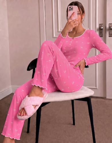 Ekouaer Women Fall Pajama Sets Cute V Neck Lounge Set Flared Wide Leg - image 6
