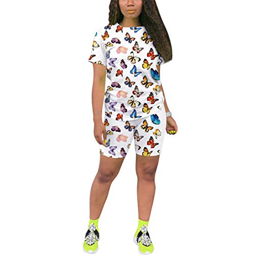 Nimsruc Women's 2 Piece Outfits Summer Casual Print Bodycon Shorts Pant Set White XL