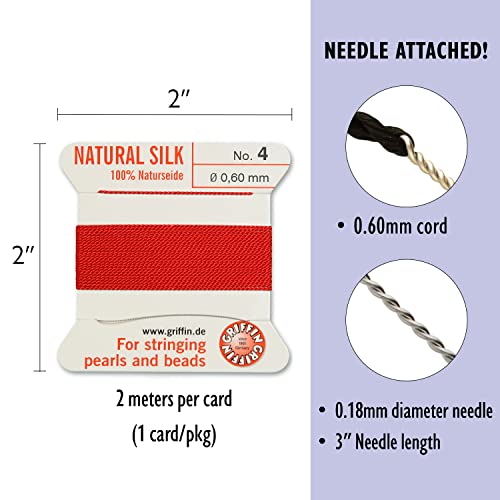 Griffin Silk Bead Cord Perlseide – Red Color – Size 4 (0.60Mm) – 2 Meters Per Card – Stainless Steel Needle Attached – For Knotting Pearls, Gemstones, Crystals And Beads #TOP3