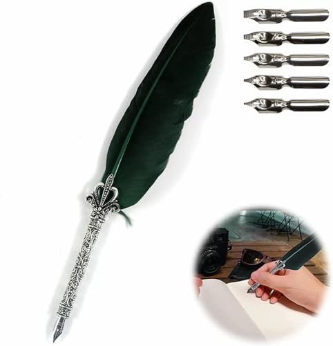 TUKNN Pluma para Escribir, Pluma de Escritura, Pluma Antigua, Boligrafos Antiguos, Pluma Escribir Puntas Metal, Plumas Escribir, Plumas Estilograficas Antiguas,con 5 Consejos Diferentes, Verde Oscuro