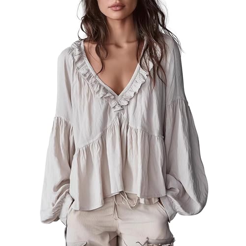 Image of Boho Flowing Ruffled Blouse for Women,V-Neck Long Puff Sleeves Design with Tiered Hem Detail,Casual Oversized Solid Top for Spring and Summer Wear (Beige, XL)