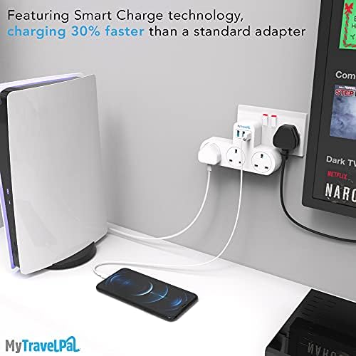 3 Way UK Plug Adapter With 3 USB Ports | MyTravelPal 13A Multi Plug Extension Adapter | Non Blocking Triple Wall Socket Power Extender for Home, Office, Kitchen, Travel
