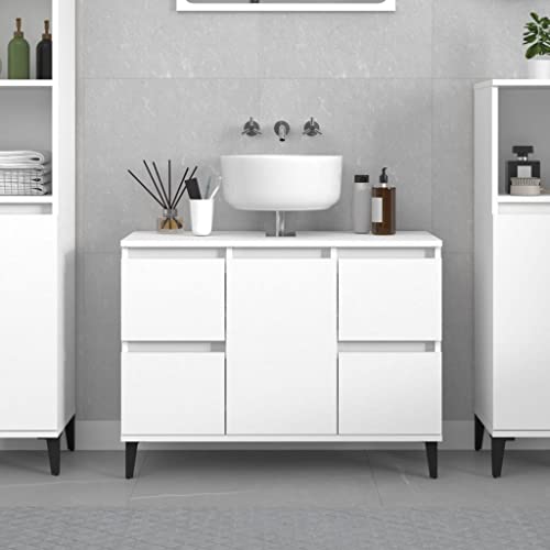 White Engineered Wood Bathroom Sink Cabinet, Modern Freestanding Vanity Unit with Storage for Basin Countertop