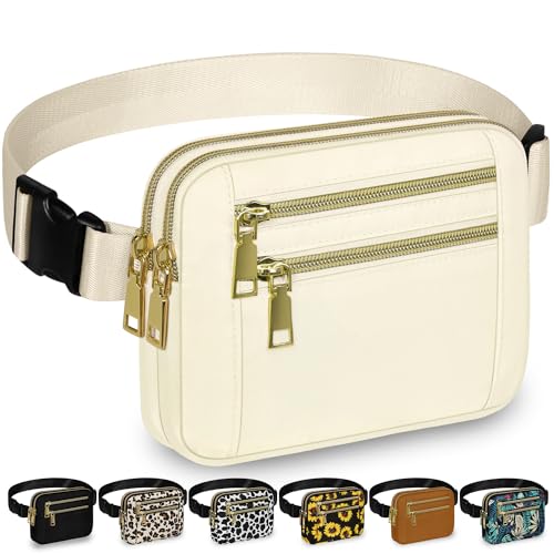 Capolo Fanny Packs for Women Fashion Waist Packs Bag with Adjustable Strap and 4 Zipper Pockets Waterproof Everywhere Crossbody Belt Bag for Workout Running Travelling(Ivory)