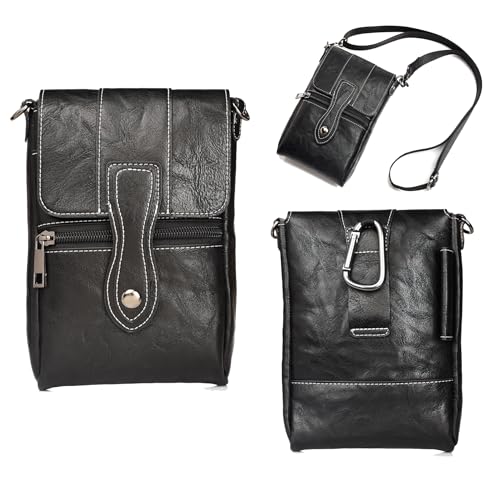 Image of Crossbody Cell Phone Bag Wallet, Leather Cell Phone Belt Clip Holder, Multifunction Messenger Holster Crossbody Purse with Shoulder Strap Waist Wallet Belt Clip Holder with Locking Carabiner Hook