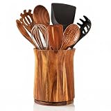 AJIEQAQ Utensilienhalter Küche Drehbar 360°, Groß (18,5 x 15 cm) Küchenutensilienhalter aus Akazienholz für 10-15 Kochbestecke, Umweltfreundlich Naturholz Organizer für Kochlöffel im Landhausstil