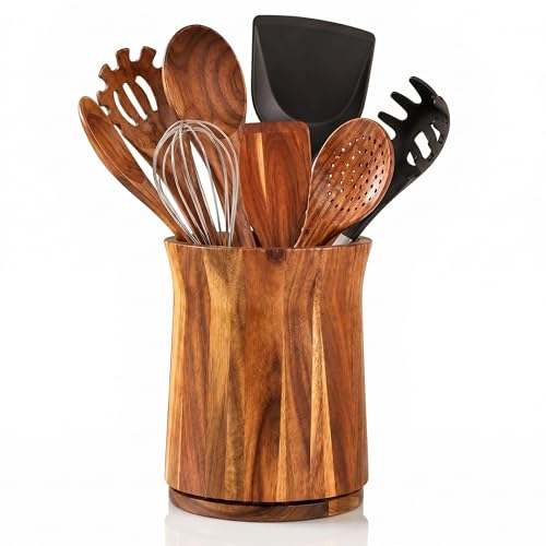 AJIEQAQ Utensilienhalter Küche Drehbar 360°, Groß (18,5 x 15 cm) Küchenutensilienhalter aus Akazienholz für 10-15 Kochbestecke, Umweltfreundlich Naturholz Organizer für Kochlöffel im Landhausstil