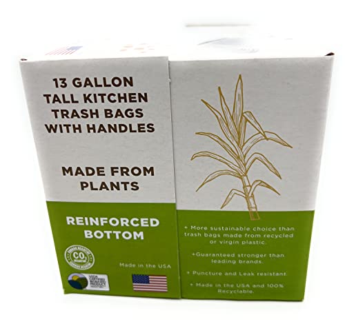 Sugar Cane Plant Made Tall Kitchen Trash Bags With Handles - Eco Certified, 13 Gallon Size, 45 Bags #TOP5