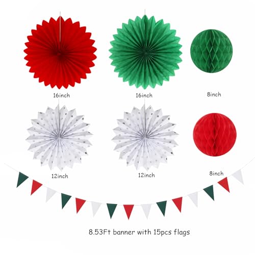 Image of Red Green-White Christmas Party Decorations - 20pcs Mexican Italian Paper Lanterns Fans,Tissue Pom Poms,Honeycomb Balls,Bunting,Birthday Mexico Italy Baby Shower Wedding Decor Burgleda