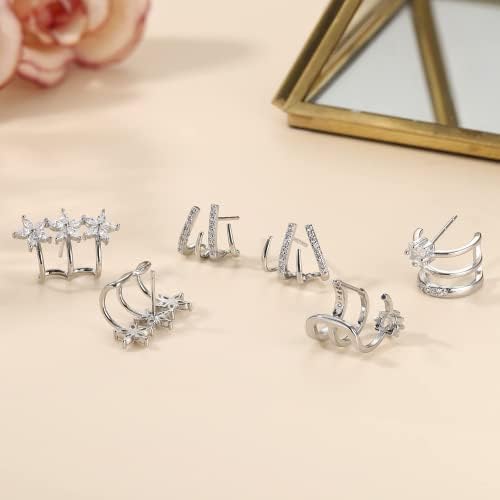 CASSIECA 925 Sterling Silver Claw Earrings Cuff for Women Flower Zircon Needle Ear Cuffs Stud Earrings Minimalist Huggie Ear Wrap Piercing Earrings 14K Gold Plated/Silver