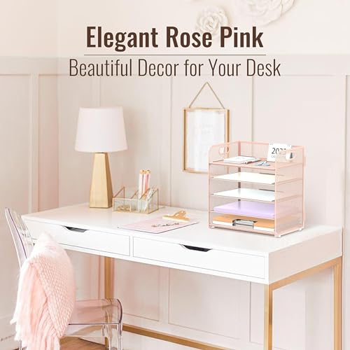 Image of 2 Pack 5-Tier Pink Desk Organizer with Handle Mesh Desk File /Paper Organizer Letter Tray for Office, School, Classroom and Home Easy Installation