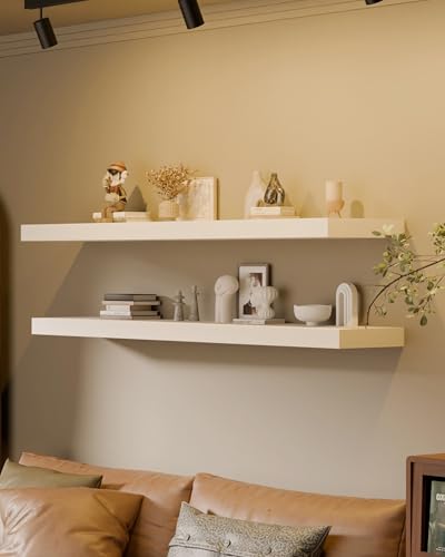 TEDIDUWA 60 Inch Extra Long Floating Shelves, Set of 2 Deep Floating Shelves 12in Depth, Floating Shelves Long Heavy Duty Solid Wood Wall Shelves for Kitchen & Living Room, Large White